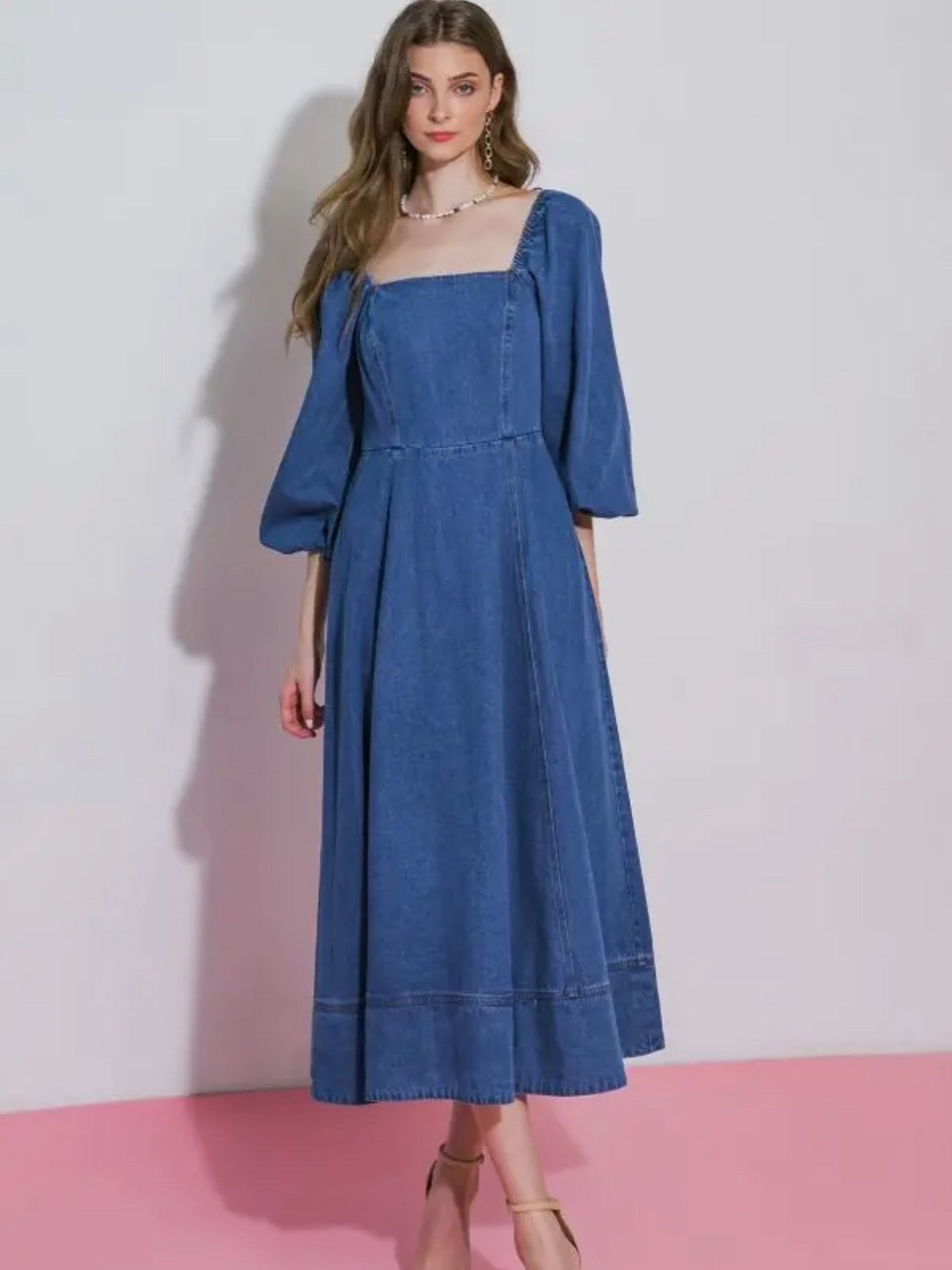 Denim Puff-Sleeve Midi Dress