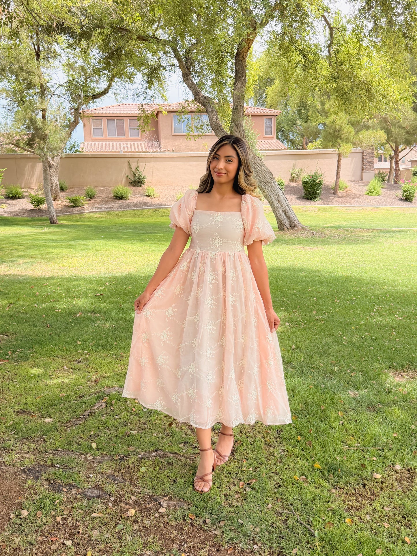 Baby pink Embroidered Midi Dress