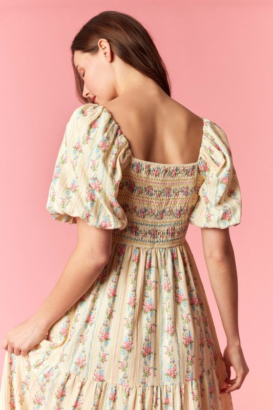 Floral striped Bubble sleeve maxi dress