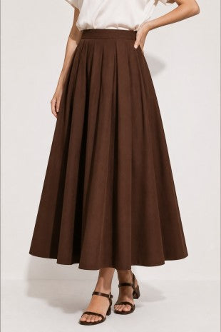 Pleated cotton Back zipper Maxi Skirt