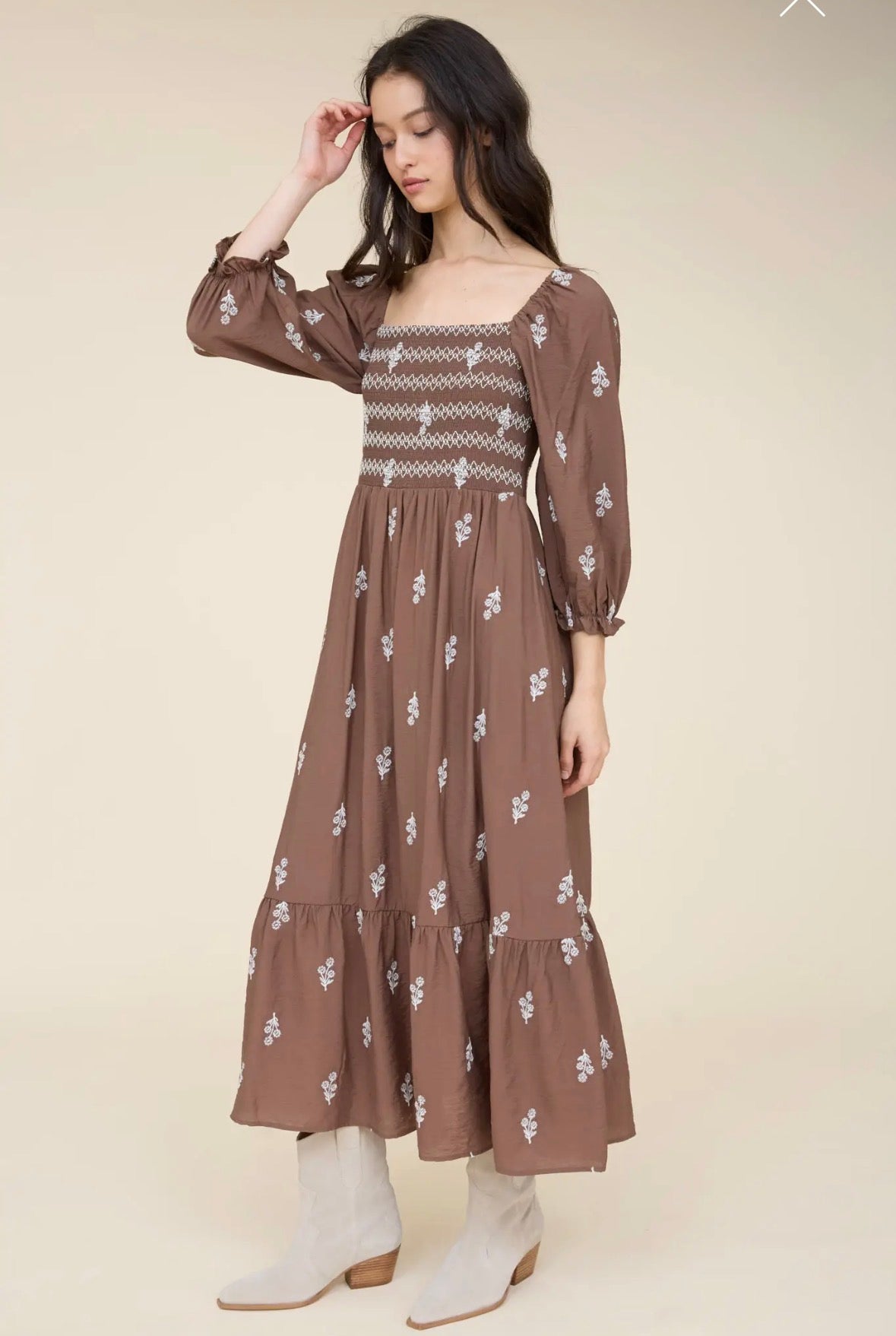 Floral embroidery Long Sleeve Smocked Midi Dress