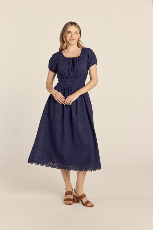 Embroidered Navy Blue Midi Dress