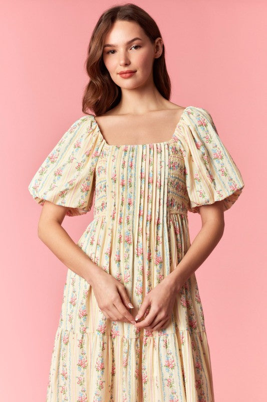 Floral striped Bubble sleeve maxi dress