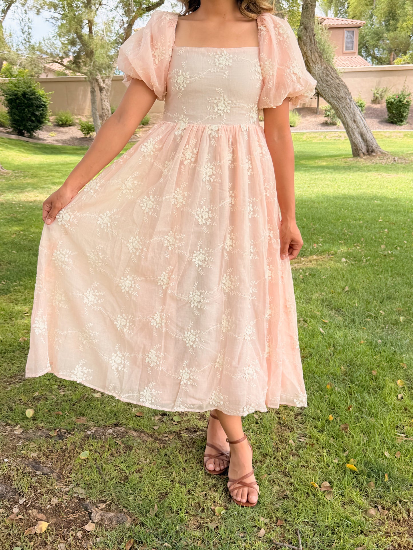 Baby pink Embroidered Midi Dress