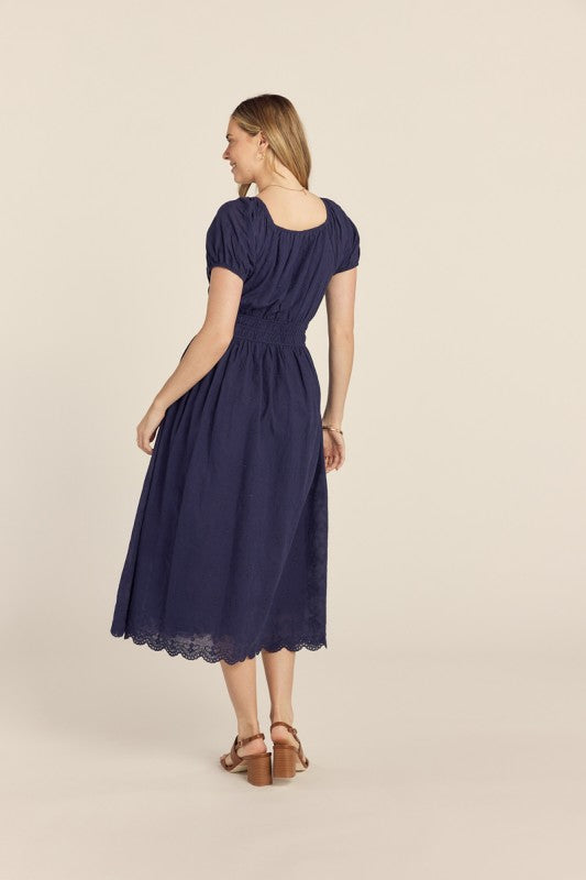 Embroidered Navy Blue Midi Dress