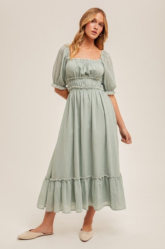 Ruffle Puff sleeve Midi dress