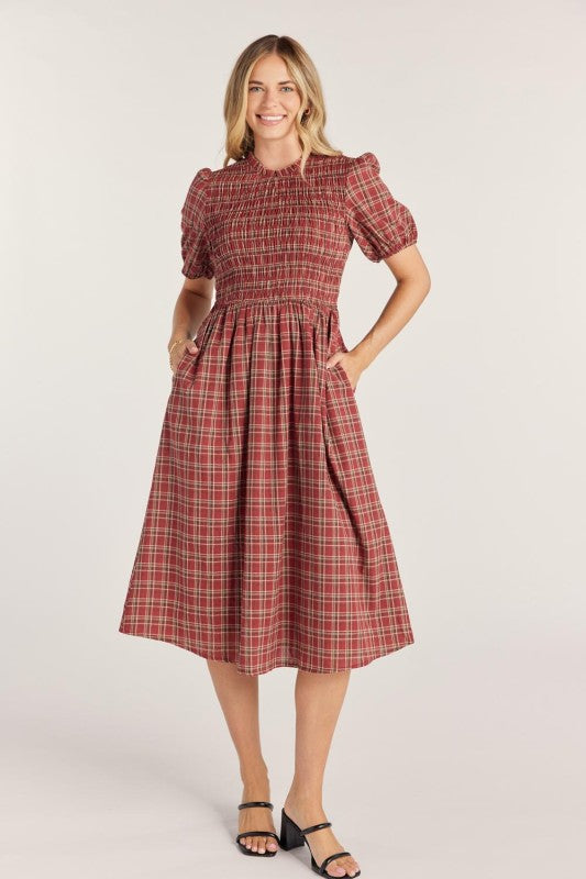 Christmas Plaid Smocked Midi Dress