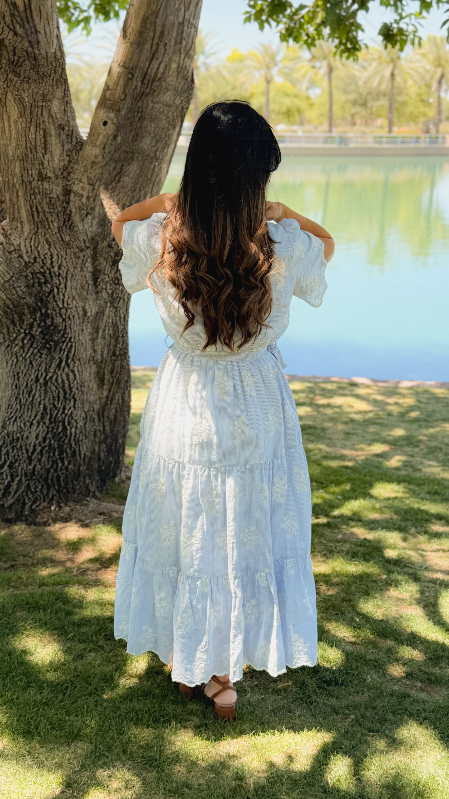 Embroidered detailed Stripped Midi Dress