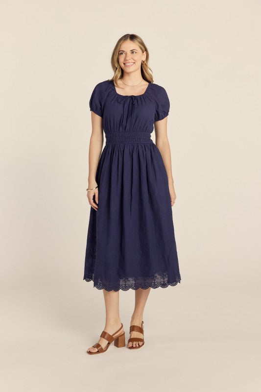 Embroidered Navy Blue Midi Dress