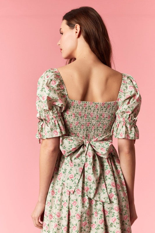 Floral print puff sleeve bow tie Flare Midi dress