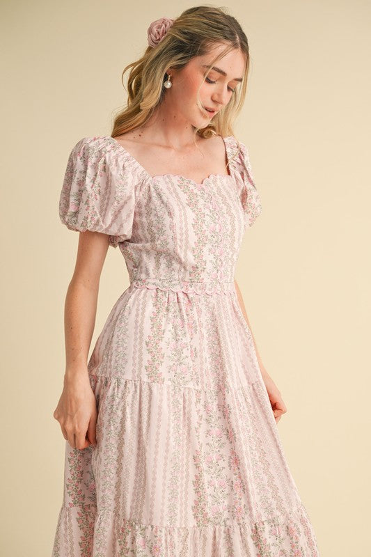 Floral Puff sleeve Tiered Midi dress