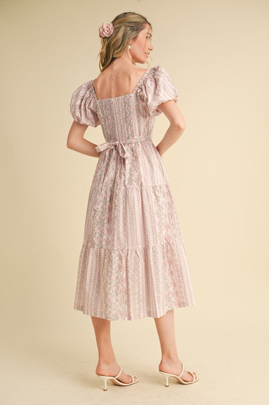 Floral Puff sleeve Tiered Midi dress