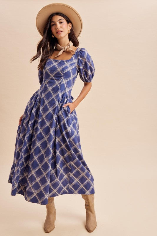 Plaid square neck Maxi Dress