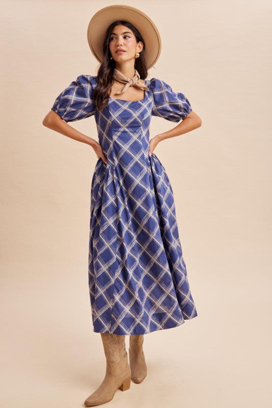 Plaid square neck Maxi Dress